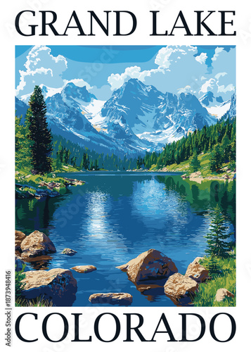 Tranquil Colorado mountain lake reflecting snow-capped peaks and lush evergreen trees under a vast blue sky with scattered clouds.