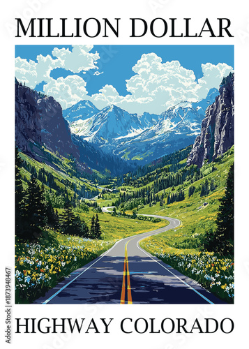 Majestic Colorado mountain pass with a serpentine road and vibrant alpine meadows, capturing the essence of a scenic road trip adventure.