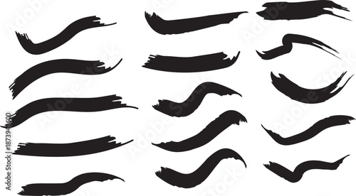 Set of black hand drawn ink brush strokes and grunge paint textures isolated on white background for creative design