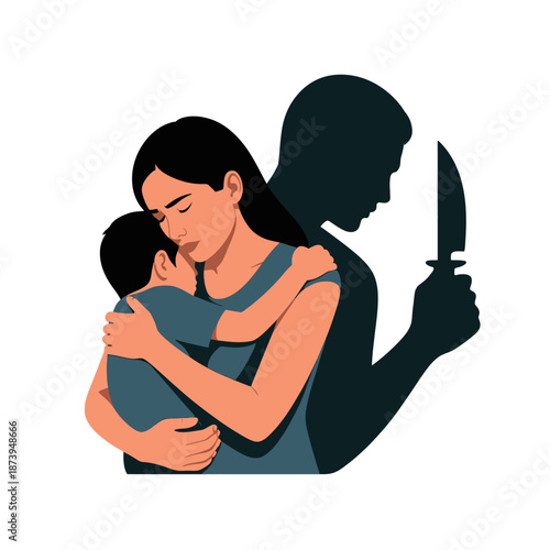 A mother protecting her child with a looming shadowy figure and a knife