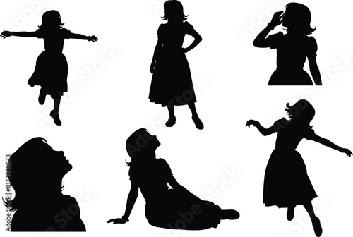 Black silhouette set featuring young girls in various active poses including jumping, dancing, sitting, and looking up with joyful wonder