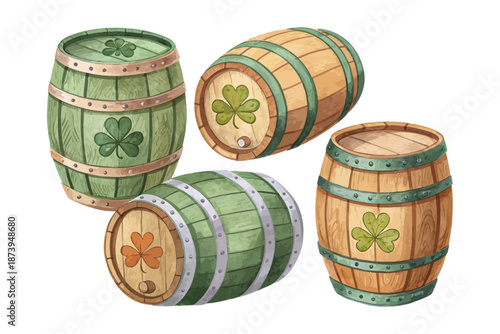 set of Watercolor Irish Beer Barrel, St. Patrick’s Day Illustration Isolated on White