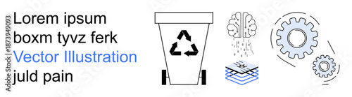 Eco-awareness, recycling practices, environmental sustainability, waste management, technological innovation, green energy. A recycling bin, gear brain and stack of layers. Eco-awareness