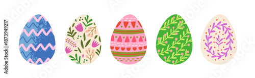 Decorated painted Easter eggs set. Holiday decorations, ornaments with floral, geometric, natural patterns, designs. Dyed religious symbols. Flat vector illustration isolated on white background