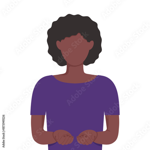 Black color skin girl isolated on white background. Give to Gain 8 March. Woman with cupped hands out front. IWD 2026 character for cover social media post card. Faceless. Pose to show solidarity.