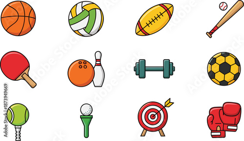 Comprehensive collection of sports equipment vector icons including basketball, soccer ball, baseball bat, bowling pin, boxing gloves, and gym weights on white background.