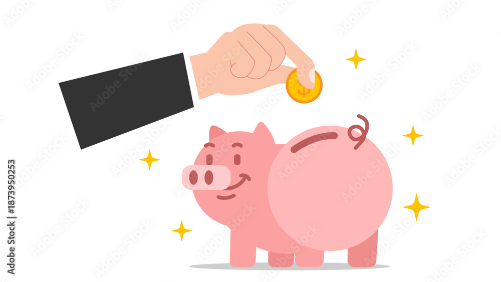 Fototapeta premium Pink Piggy Bank Vector Illustration with Hand Putting Gold Coin, Concept of Money Savings and Financial Investment