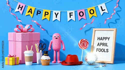 A festive April Fools' Day setup with gifts, a cartoon character, sweets, and a 