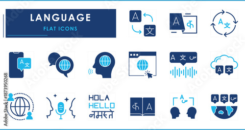 A set of flat icons related to Language. Various languages, translate, worldwide, communicate, speak, and so on.