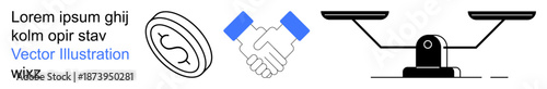 Business deals, financial transactions, equality, legal agreements, justice, partnerships. Coin symbol, handshake icon scale illustration. Business deals and financial transactions concepts