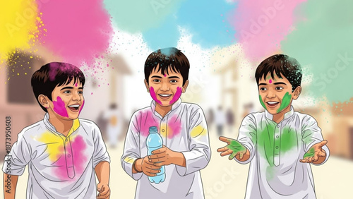 Three boys celebrating holi with colorful powder on their faces and clothes in a vibrant outdoor setting with a blurred background with celebration