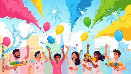 Diverse group of friends joyfully celebrating with colorful water guns and balloons on a sunny day with vibrant smoke and fireworks in the background