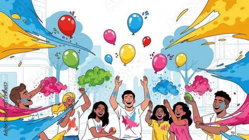 A vibrant group of young adults celebrating with colorful powder and balloons in the air on a joyful festive occasion outdoors with celebration