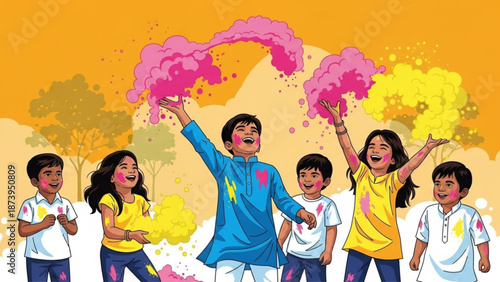Group of happy children celebrating holi festival with colorful powder in vibrant outfit with Indian culture and festive atmosphere and joyful celebration