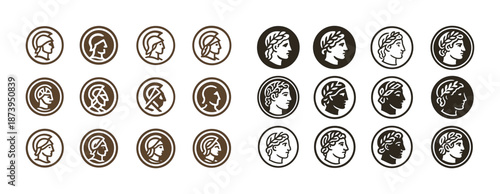 Roman coin icon set: profile variants with laureate head designs