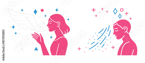 Illustration of caucasian female and male with abstract elements and sparkling accents