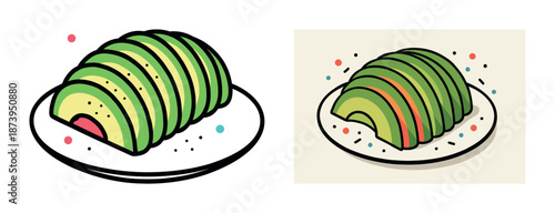 Colorful avocado slices on plates with artistic dots