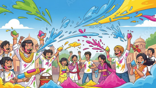 Vibrant indian holi festival celebration with joyful people throwing colorful powders and waters in a lively outdoor setting with historic architecture
