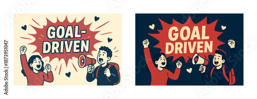 Enthusiastic male and female teens celebrating achievements with goal-driven motivation