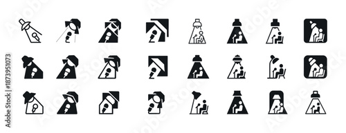 Stylized icon set of diverse parent-child silhouettes in various contexts