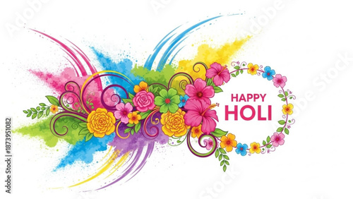 Vibrant holi celebration background with colorful flowers and swirling paint splashes for festive indian holiday with festive background and vibrant colors