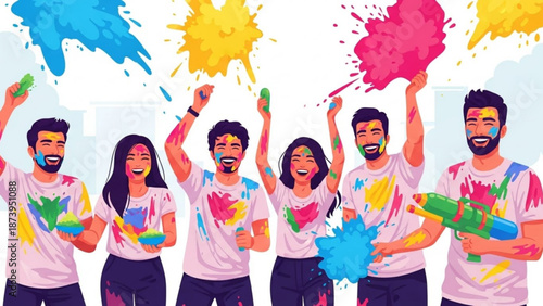 Group of young adults celebrating holi festival with colorful paint splashes with celebration and friends and fun and happy and splat and throw