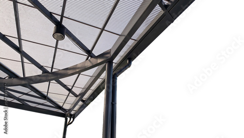 Quadro su tela Modern architectural canopy featuring black steel frame translucent polycarbonate roofing and integrated drainage system with downspouts and gutters