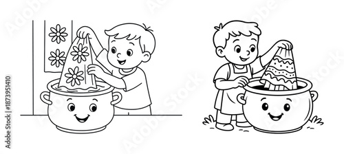 Children engaged in creative fabric dying activity with smiling pot