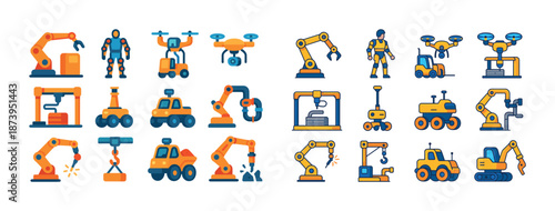 Cartoon robotics and machinery icons set featuring industrial robots and drones