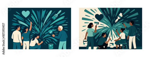 Diverse group painting mural with vibrant blue and white abstract designs