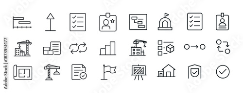 Business and construction icons: diagrams, checklists, cranes, plans, charts, flags