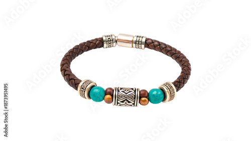 Quadro su tela Handmade bracelet with brown leather and colored beads on a transparent background