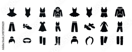 Set of black silhouette clothing icons featuring dresses, hoodies, pants, and shoes