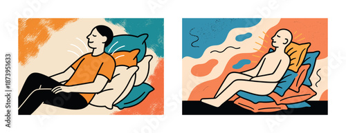 Illustrated comparison of two people relaxing on pillows: vibrant colors and leisure