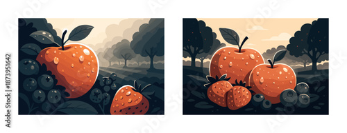Scenic evening orchard with apples, strawberries, and blueberries illustration