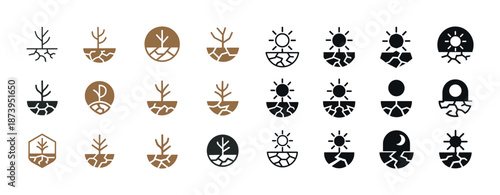 Minimalistic tree and sun icons collection in monochrome and brown variants