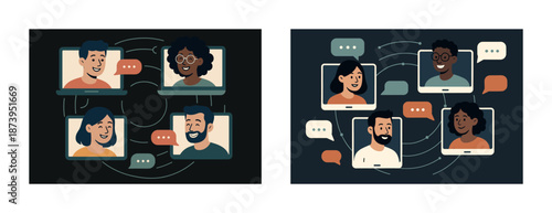 Online video call with diverse group of male and female adults