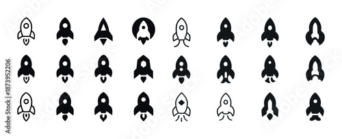 Collection of 24 minimalist rocket icons in black design set