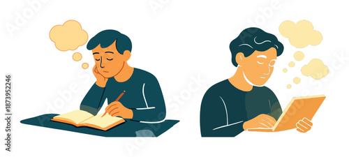 Two individuals engaged in thoughtful activities: writing and tablet use