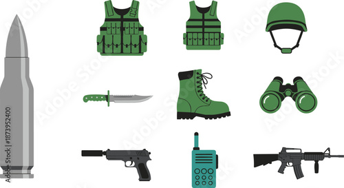 Professional military and tactical equipment vector icon set featuring flat illustrations of a large bullet, body armor, combat helmet, tactical knife, combat 