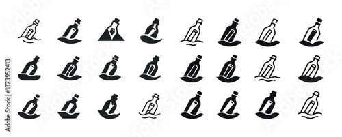 Set of message in bottle icons in various positions and styles