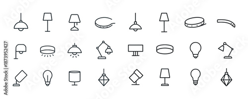 Minimalist line drawing of various modern lamps and lighting fixtures