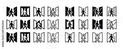 Diverse door icons featuring human silhouettes in various motion poses