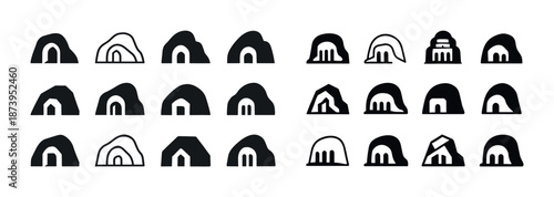 Collection of 20 black silhouette igloo icons on white background