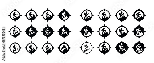 Abstract compass symbols of hiking adventures in black and white