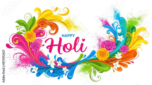 Vibrant colorful holi celebration graphic with flowers and paint splashes on white background for festive indian holiday with festival and colors