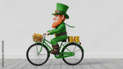 A cheerful cartoon leprechaun in green attire riding a green bicycle loaded with gold coins on a gray wooden floor with a white wall background