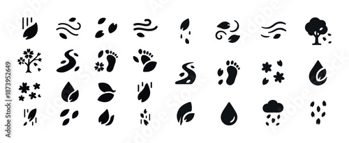 Nature icons collection: leaves, trees, footprints, weather symbols, floral elements