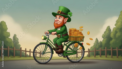 A cheerful leprechaun rides a green bicycle loaded with gold coins on a sunny road surrounded by trees and a wooden fence on a partly cloudy day