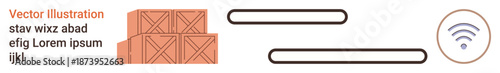 Logistics, supply chain, warehouse management, wireless communication, inventory tracking, ecommerce. Wooden crates, loading bar and wireless symbol . Logistics and wireless communication referenced